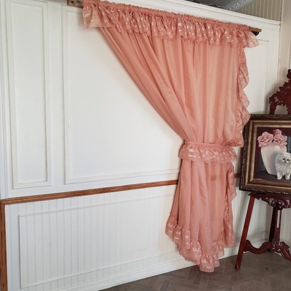 Priscilla Panel 133W x 83L Attached Valance Tie Backs Rod Pocket Orange Vintage - Picture 2 of 10